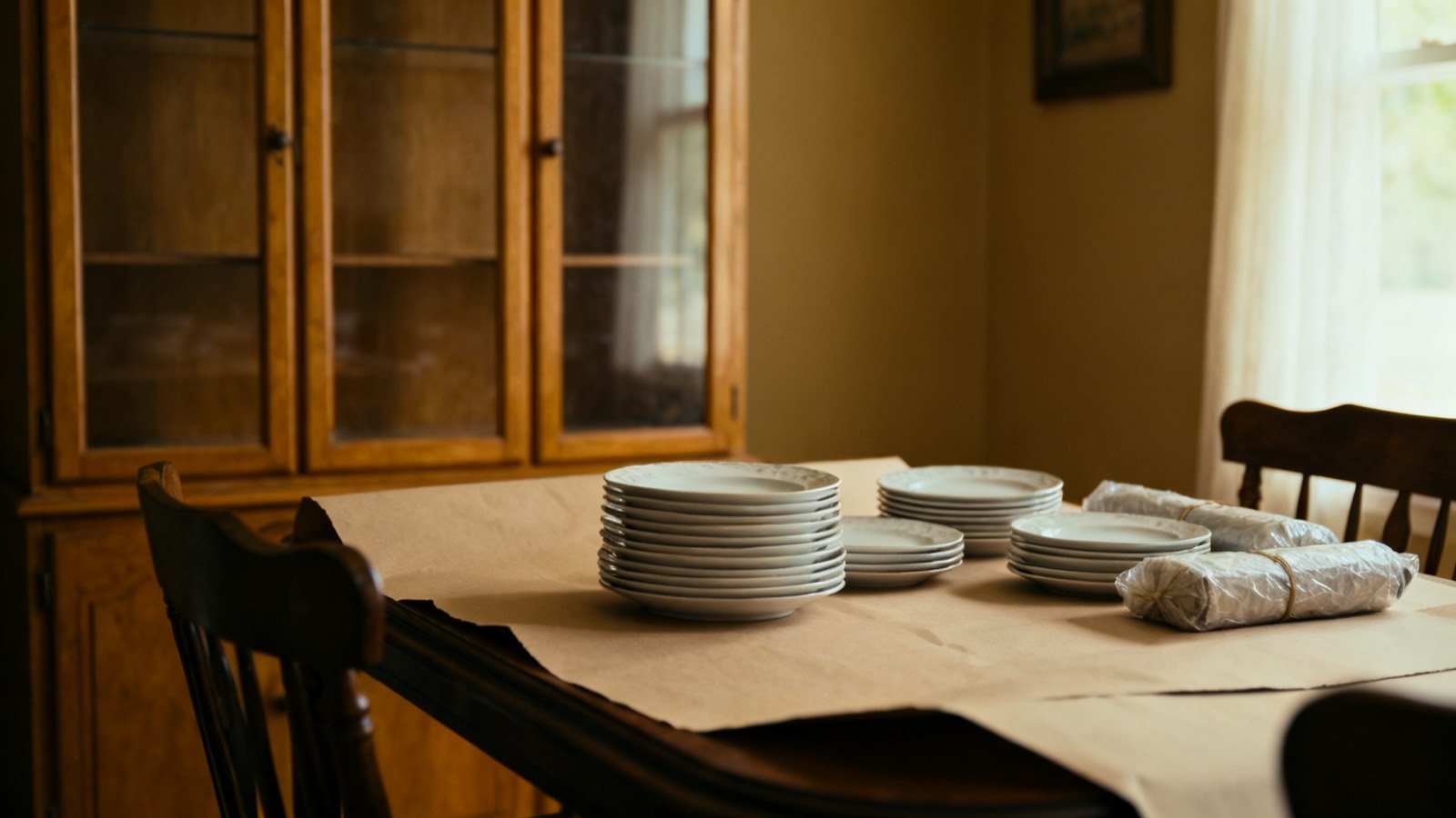 Stacks of white china and wrapped bundles set out on plain packing paper across a dining table, with a half-emptied glass-front cabinet behind.