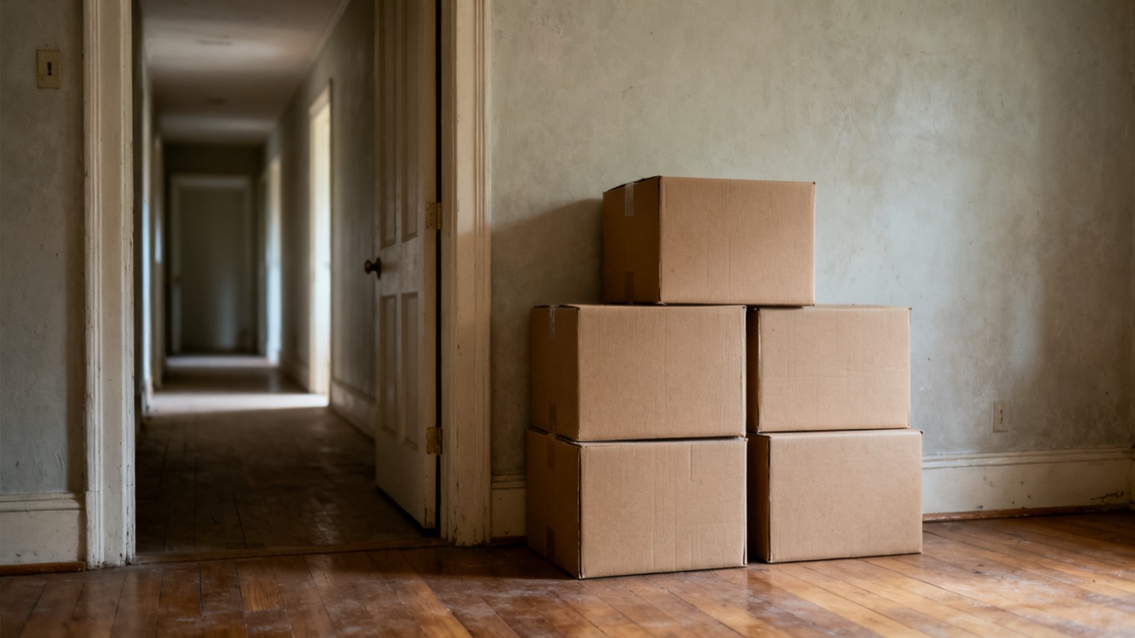 Plain unlabelled cardboard moving boxes stacked in the corner of an emptied room in an older home, with an empty hallway visible through the open doorway.