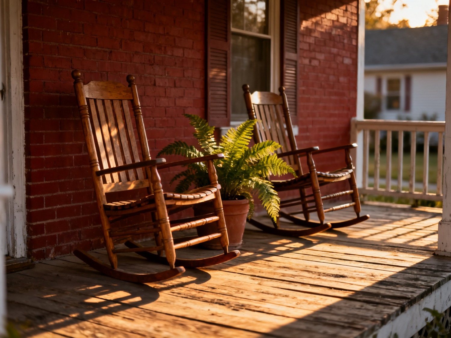 Two empty wooden rocking chairs and a potted fern on the covered front porch of a red brick home, in late afternoon light.
