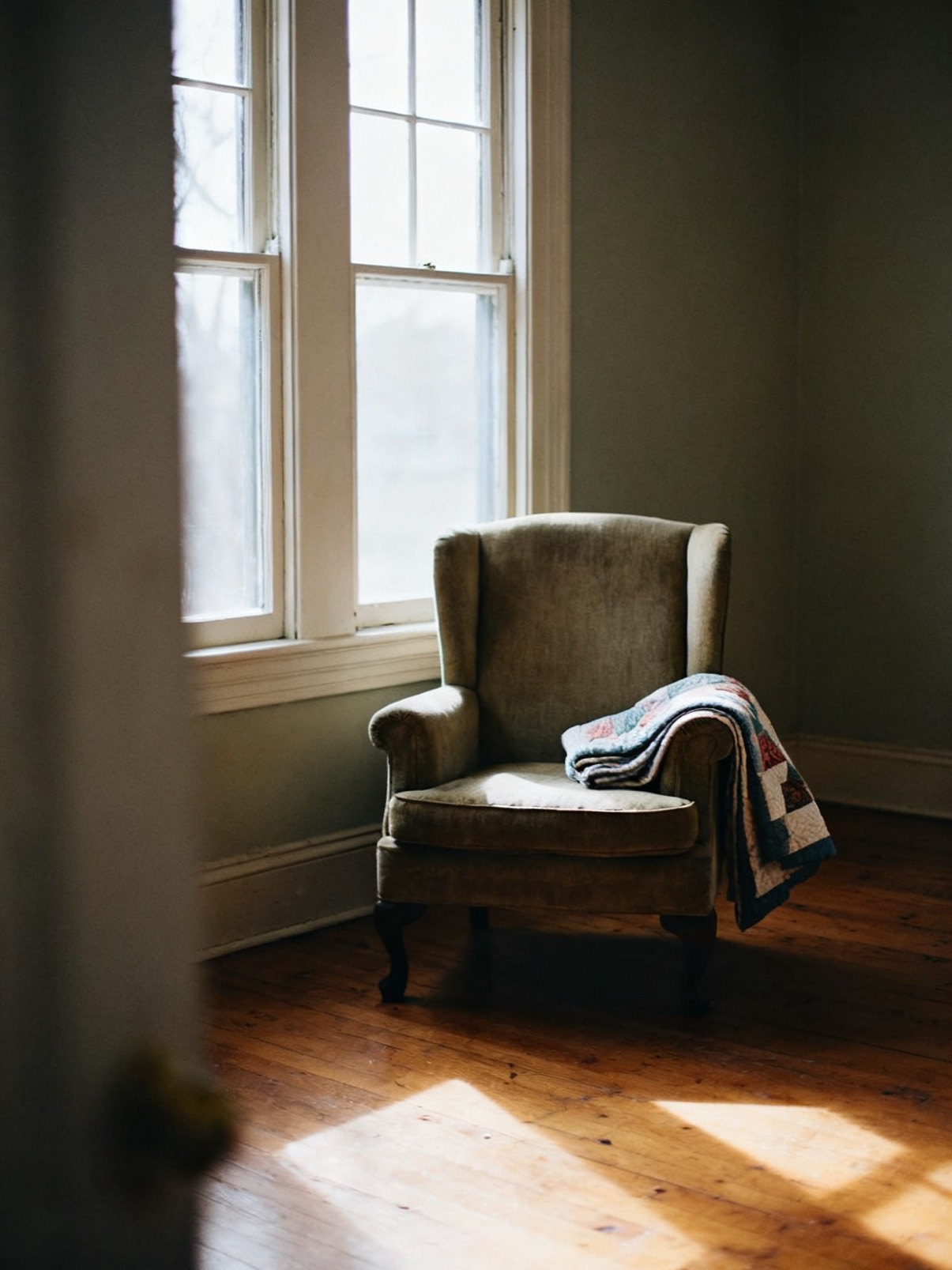 An empty upholstered armchair beside a tall window in an older home, a folded quilt over one arm and morning light falling across bare hardwood floorboards.